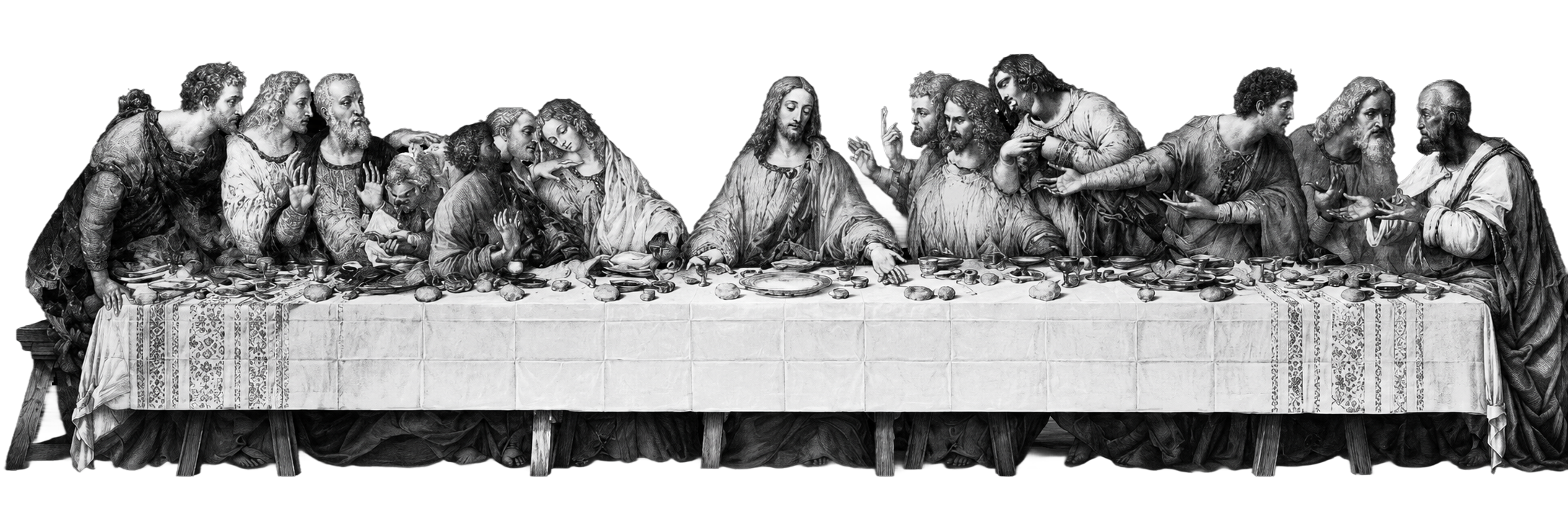 A monochrome gathering of people around a long table